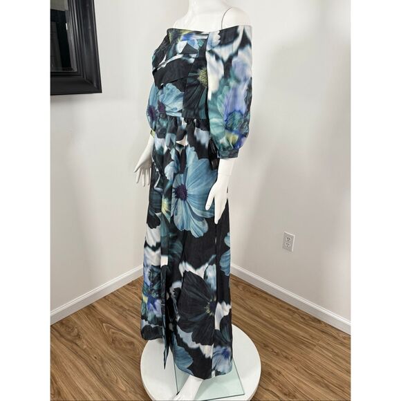 Kay Unger Womens Alison Floral Off-the-Shoulder Gown Flint Light Teal Size 6 - Picture 9 of 12